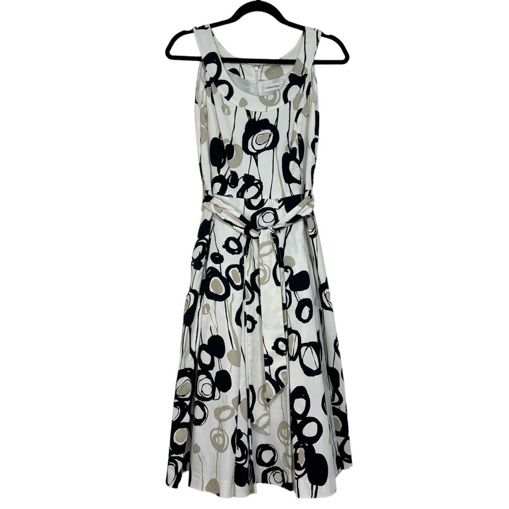 Calvin Klein White Black and Taupe Abstract Midi Dress